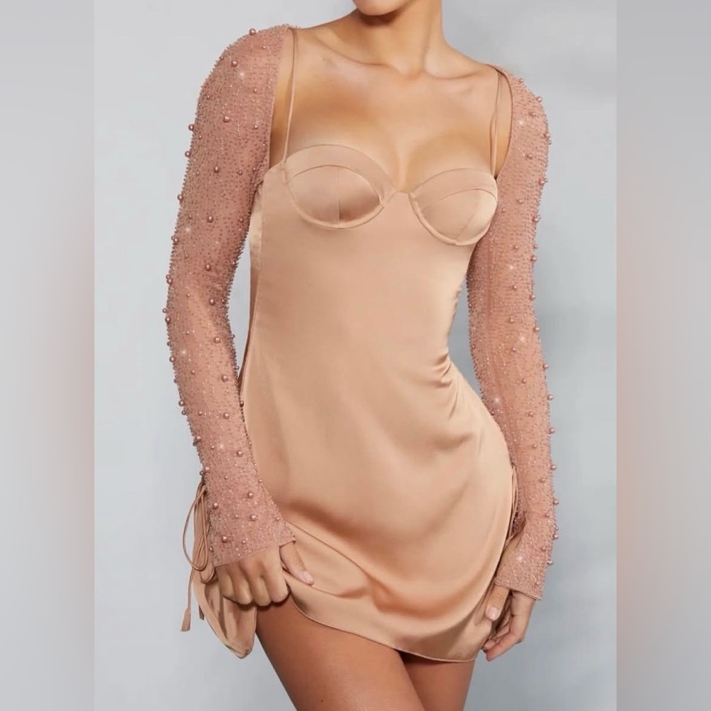 Oh Polly Beaded Sleeve Satin Chemise in Tan